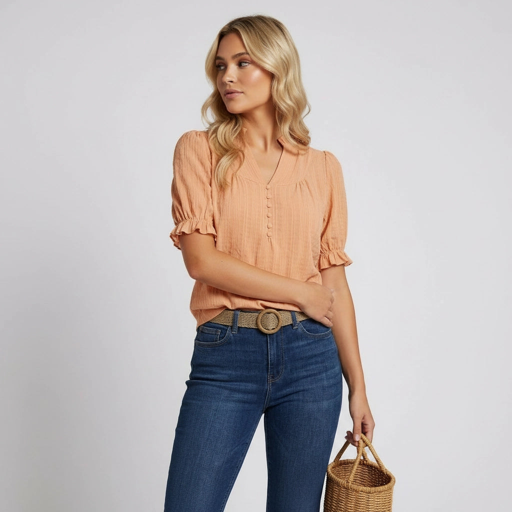 Women's V-Neck Puff Short Sleeve Blouse