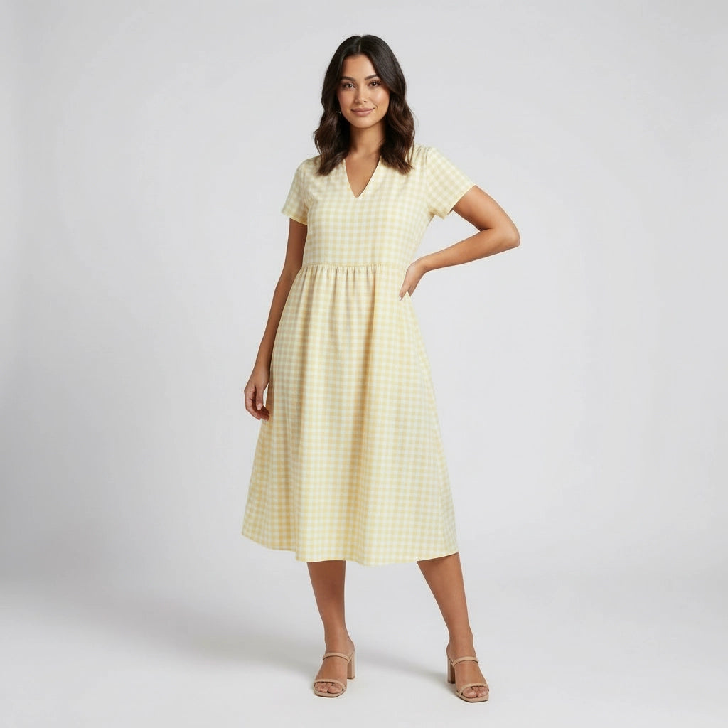 Women's V-Neck Gingham Midi Dress