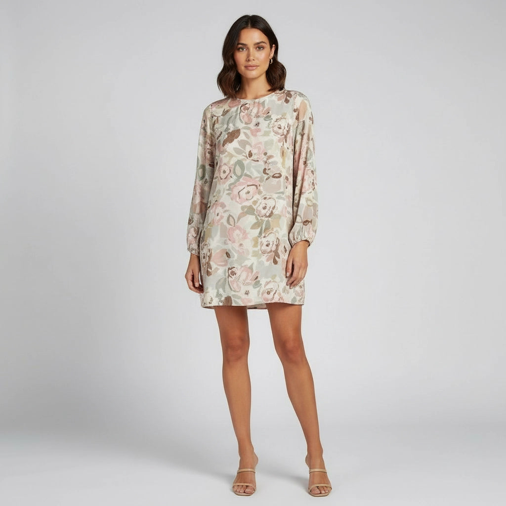 Women's Floral Shift Dress With Long Sleeves