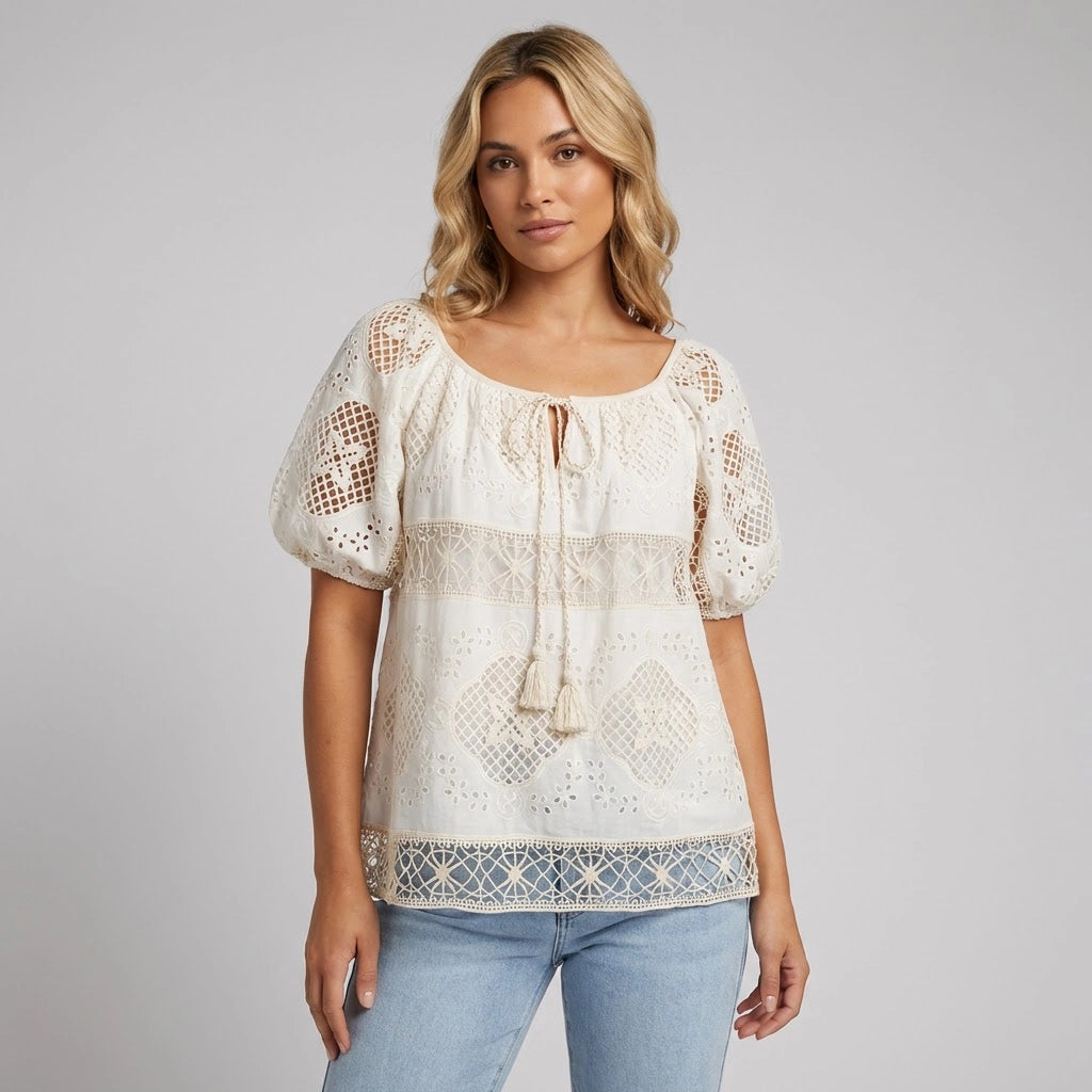 Relaxed Embroidered Blouse with Tassels