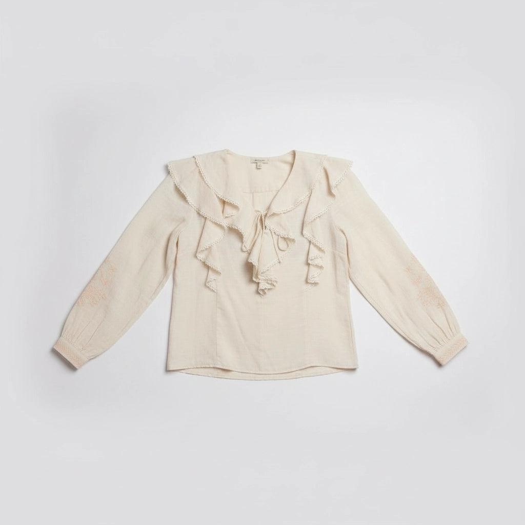 V-Neckline Blouse with Ruffled Collar