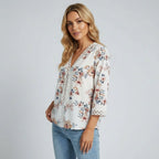 V Neck Floral Blouse With Crochet Trim