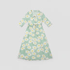 V-Neck Daisy Print Midi Dress With 3/4 Sleeves