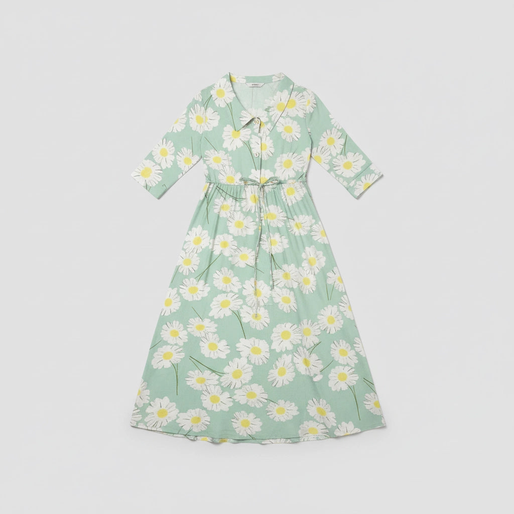 V-Neck Daisy Print Midi Dress With 3/4 Sleeves