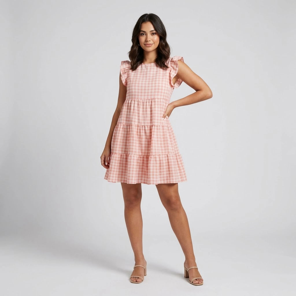 Women’s Gingham Flutter Sleeve Tiered Mini Dress