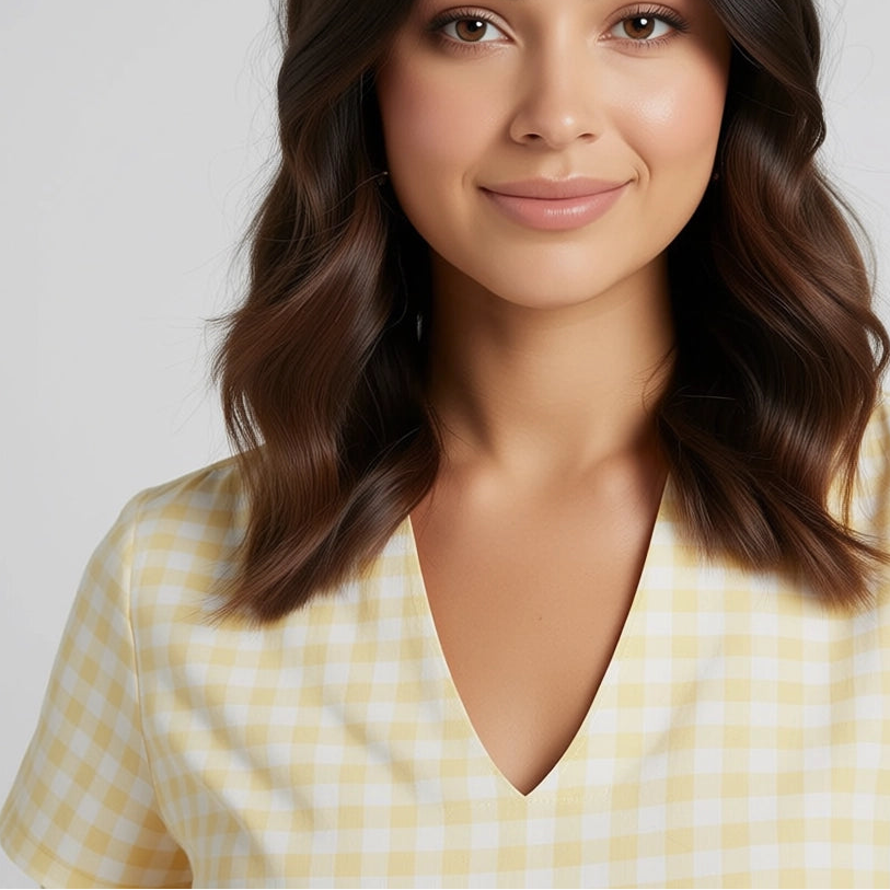 Women's V-Neck Gingham Midi Dress