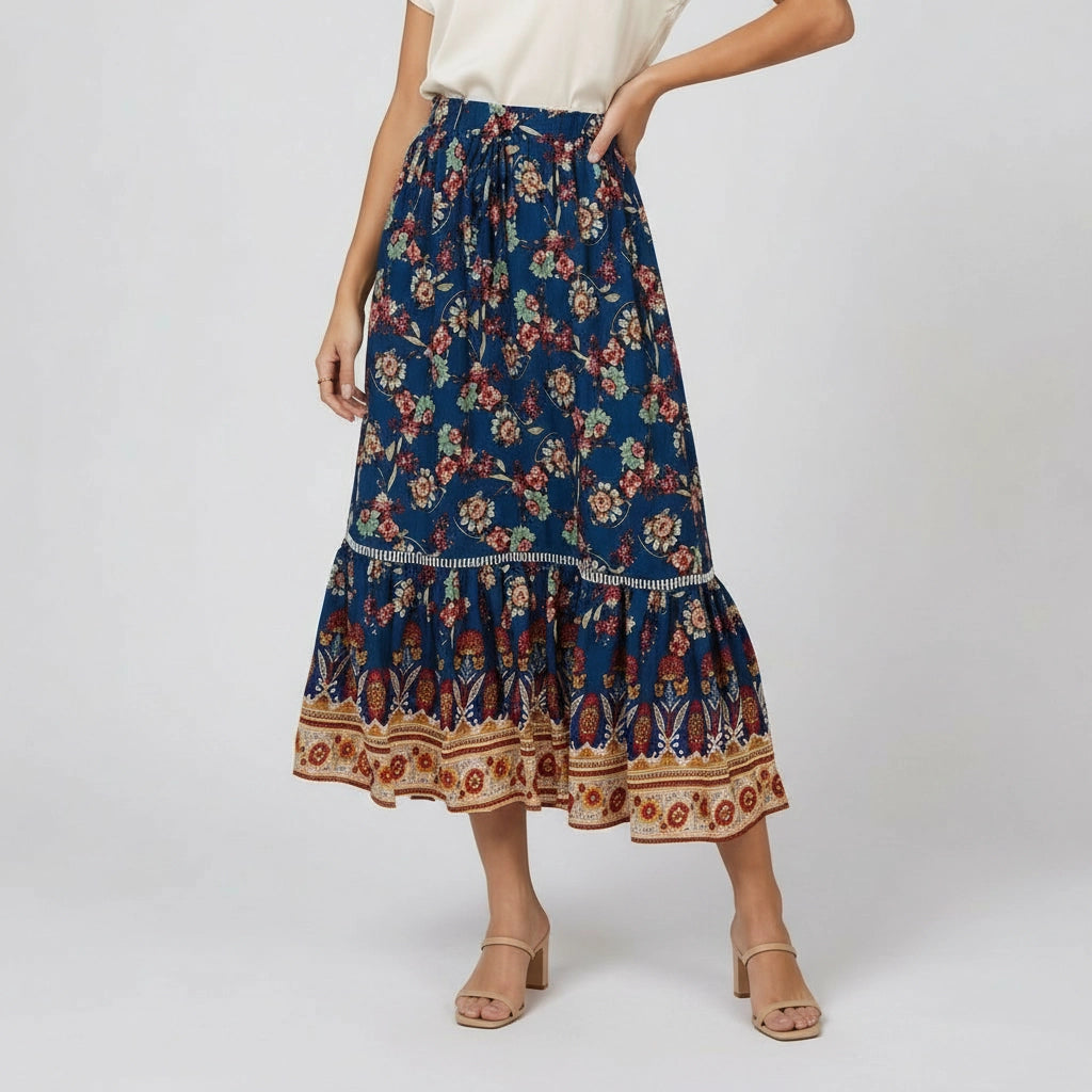 Women’s Boho Floral Tiered Midi Skirt