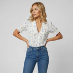 Women’s Short Puff Sleeve V-Neck Blouse with Wide Collar
