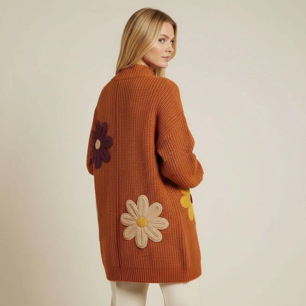 Longline Relaxed Fit Cardigan with Flower Appliqué