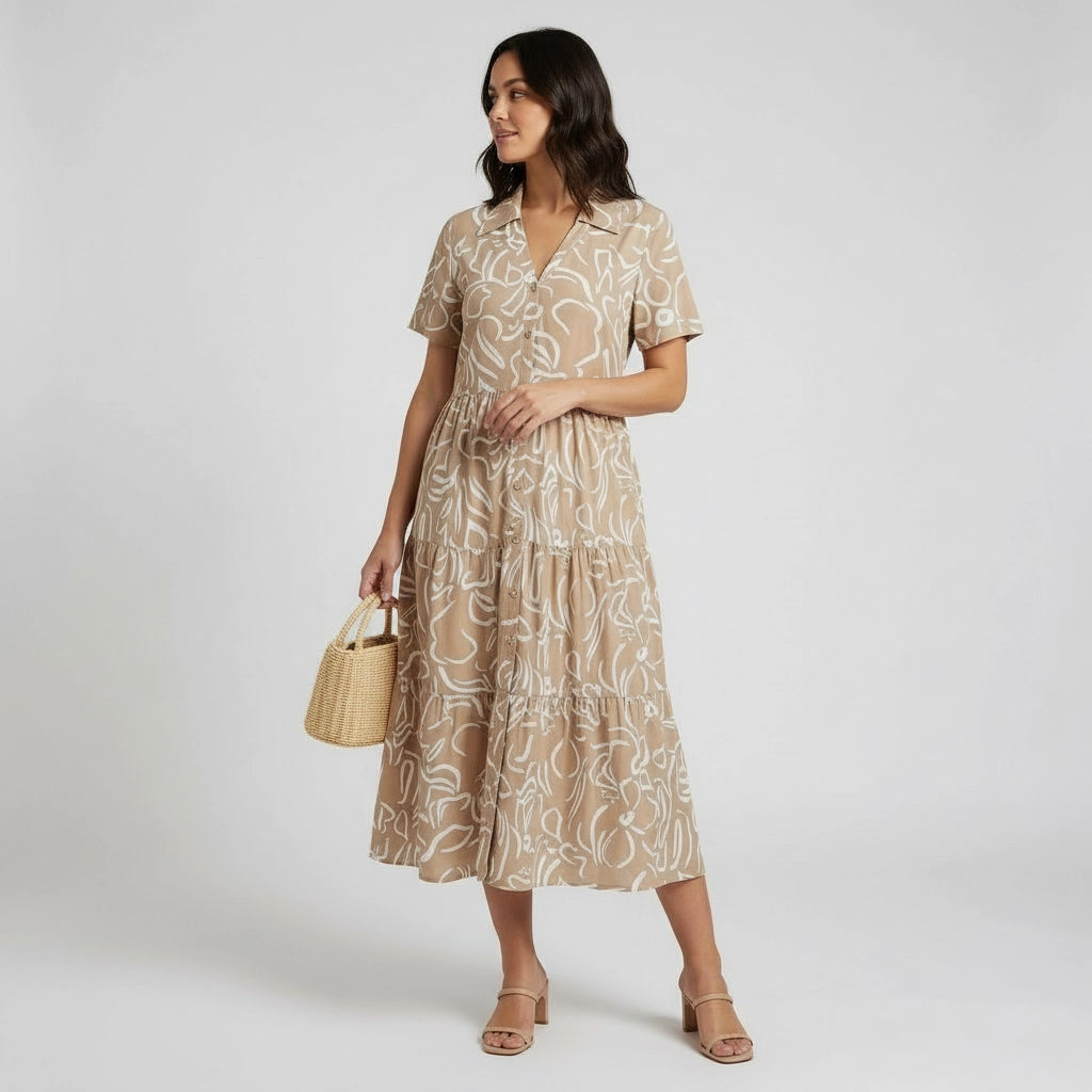 Women's A-Line Short Sleeve Midi Dress With Collar