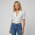 Women’s Short Puff Sleeve V-Neck Blouse with Wide Collar