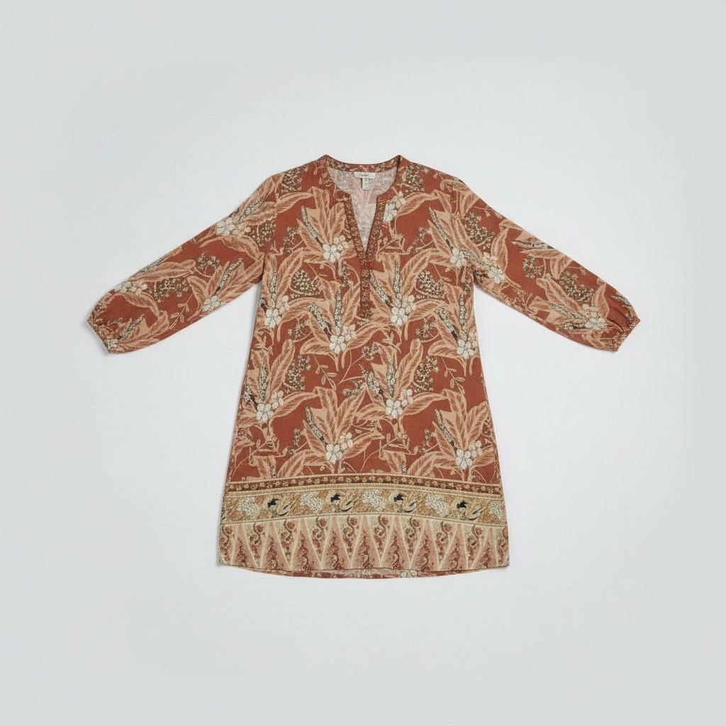 Women's Floral Shift Dress With Long Sleeves and V-neck