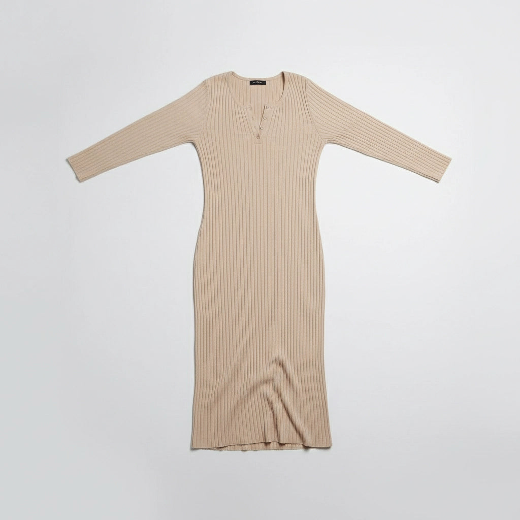 Ribbed Bodycon Midi Dress with Button Detail