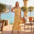 A-Line Chiffon Floral Dress with Frill Detail Yellow 1