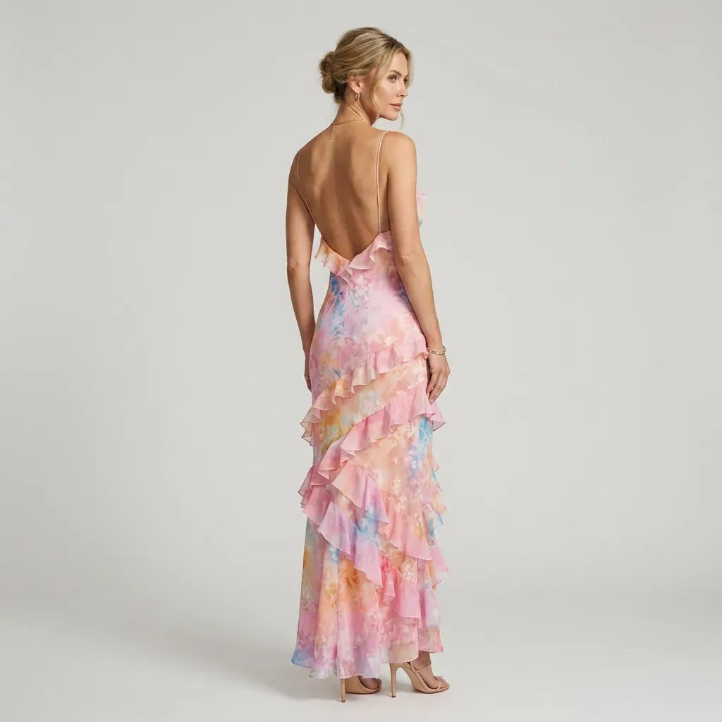A-Line Chiffon Floral Dress with Frill Detail Pink 3