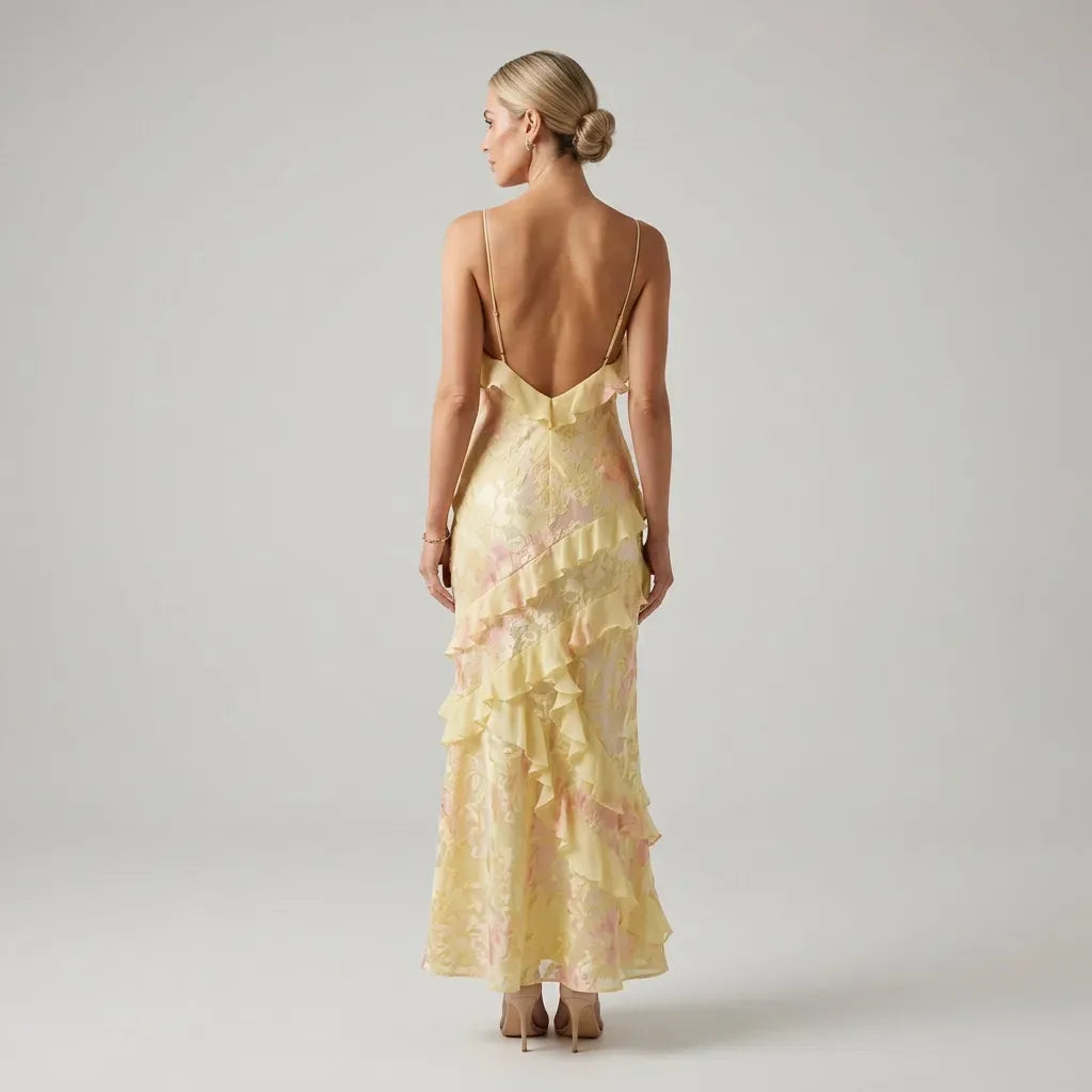 A-Line Chiffon Floral Dress with Frill Detail Yellow 4