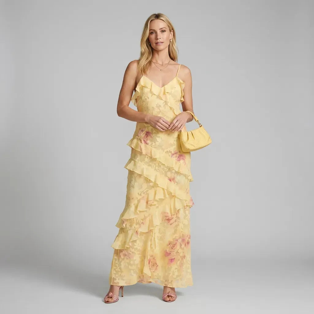 A-Line Chiffon Floral Dress with Frill Detail Yellow 6