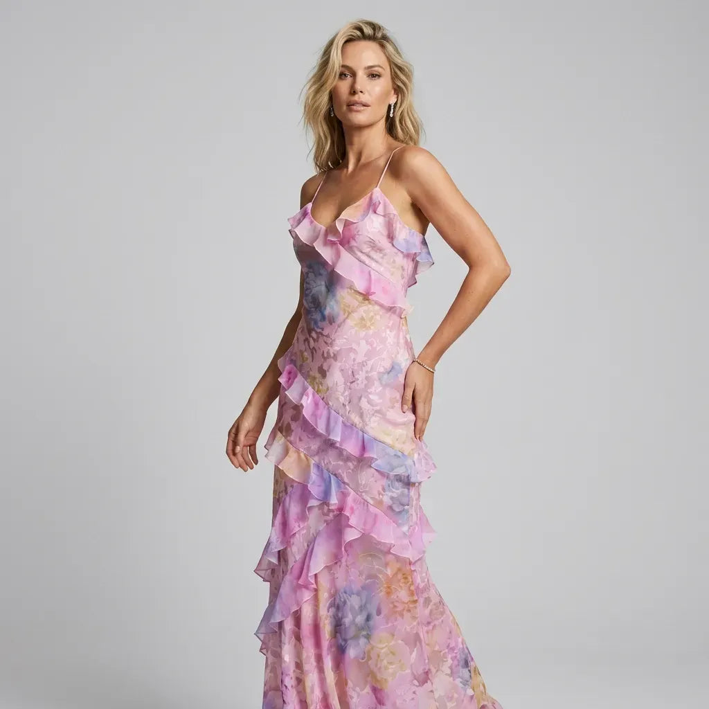 A-Line Chiffon Floral Dress with Frill Detail Pink 7