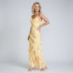 A-Line Chiffon Floral Dress with Frill Detail Yellow 8