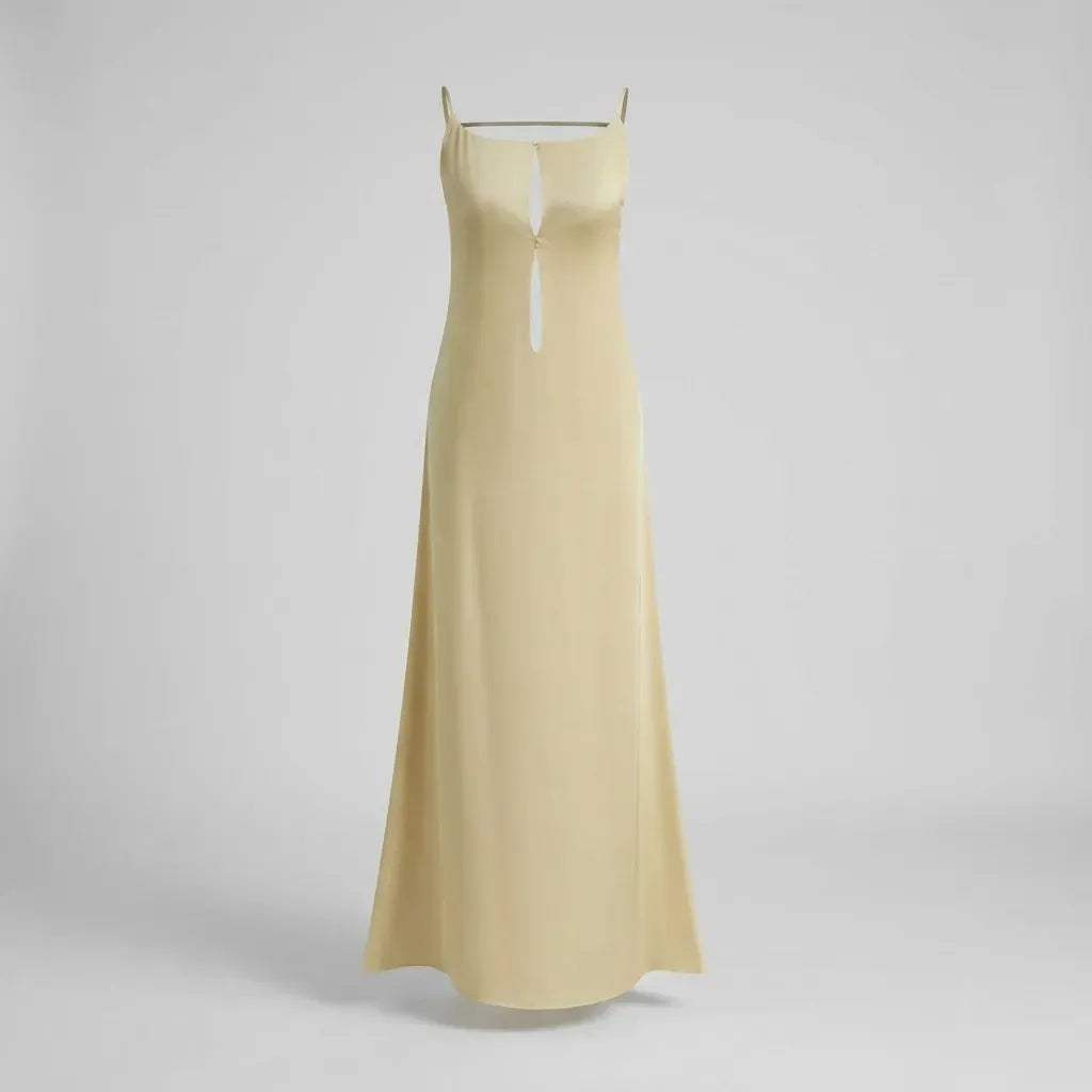 A-Line Chiffon Low Back Dress with Cutout Detail Yellow 3