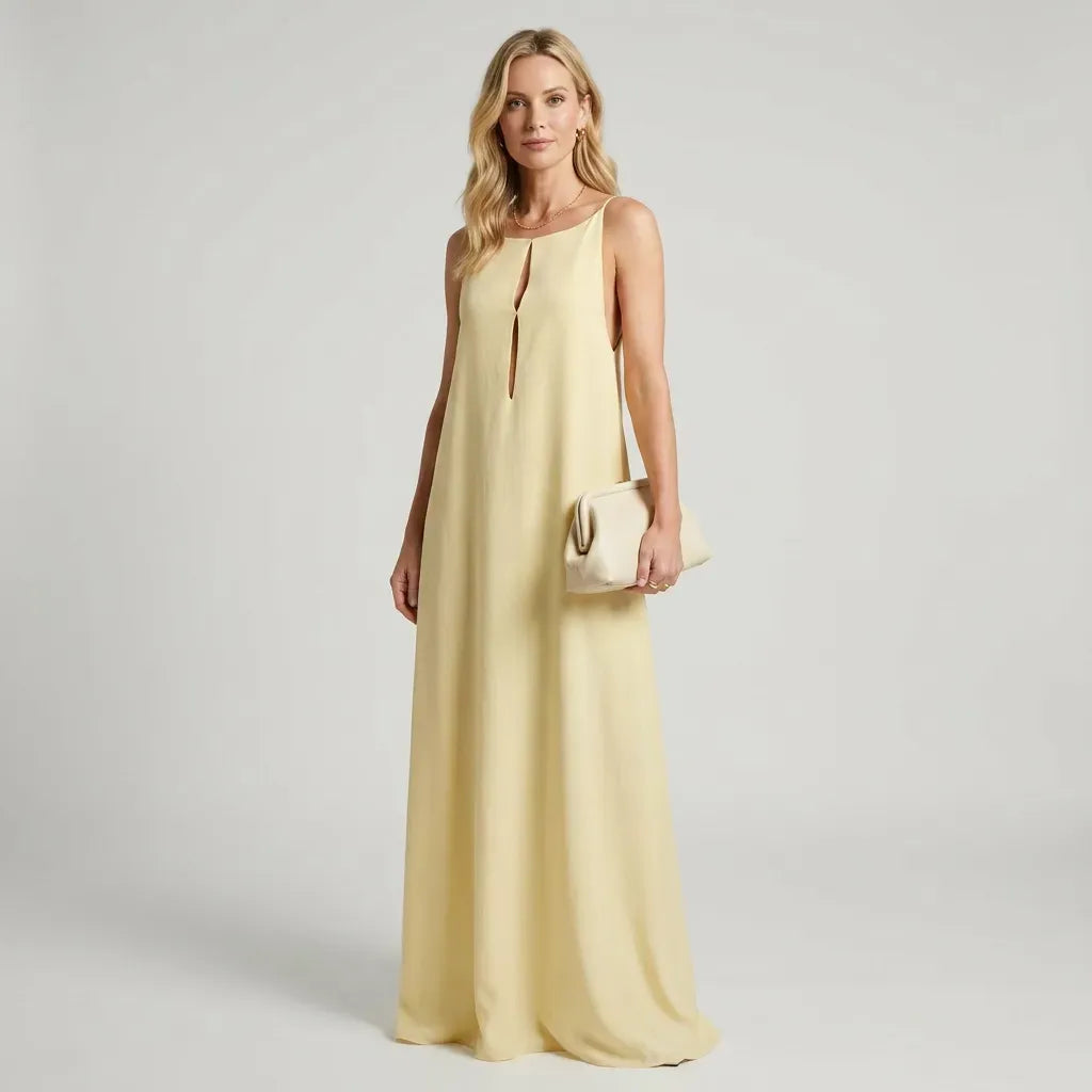 A-Line Chiffon Low Back Dress with Cutout Detail Yellow 5