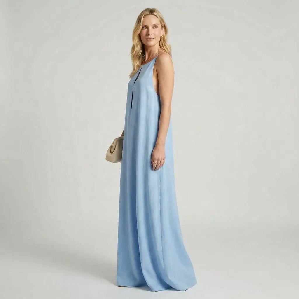A-Line Chiffon Low Back Dress with Cutout Detail Light Blue 6