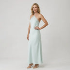 A-Line Halter Maxi Dress with Lace Detail Light Blue 4