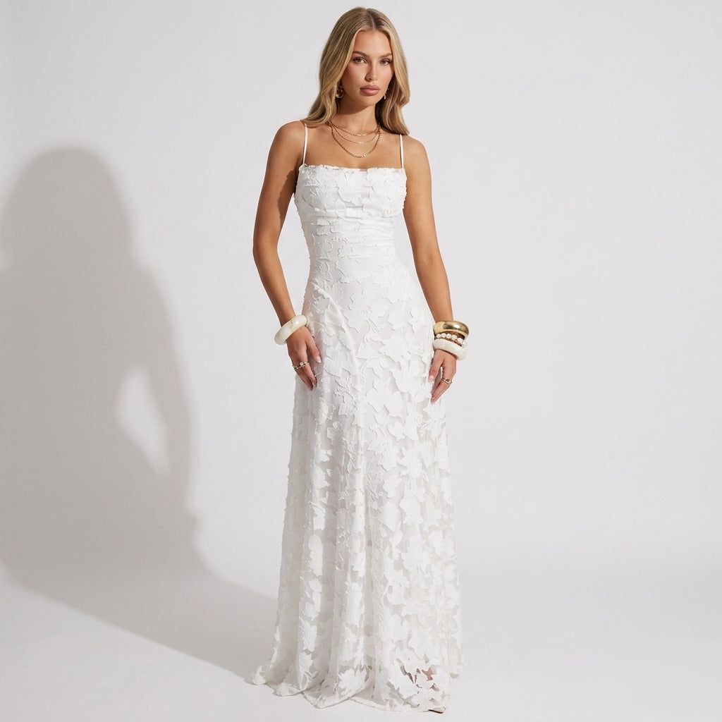 A-Line Maxi Dress with Lace and Spaghetti Straps in White – 1