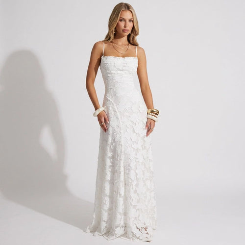 A-Line Maxi Dress with Lace and Spaghetti Straps in White – 1