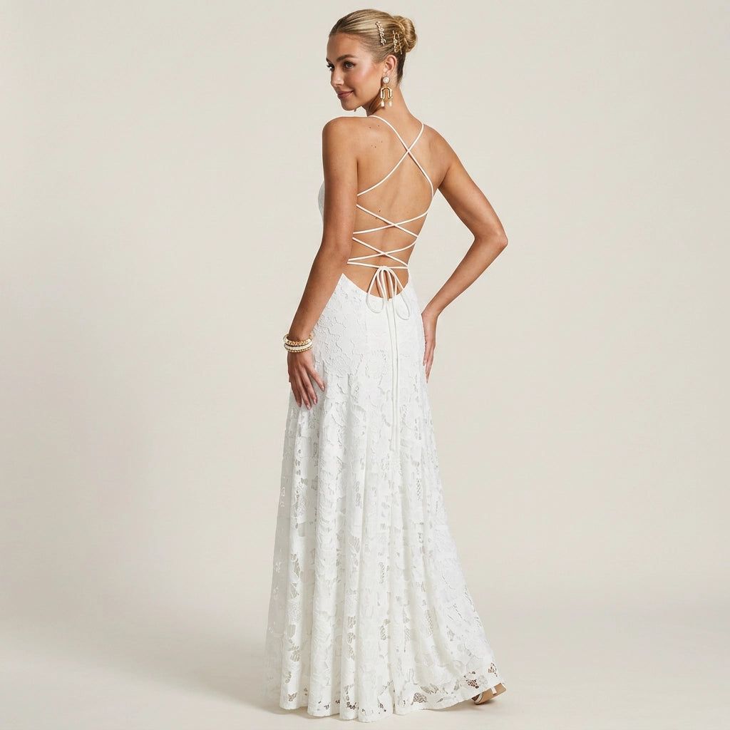 A-Line Maxi Dress with Lace and Spaghetti Straps in White – 2