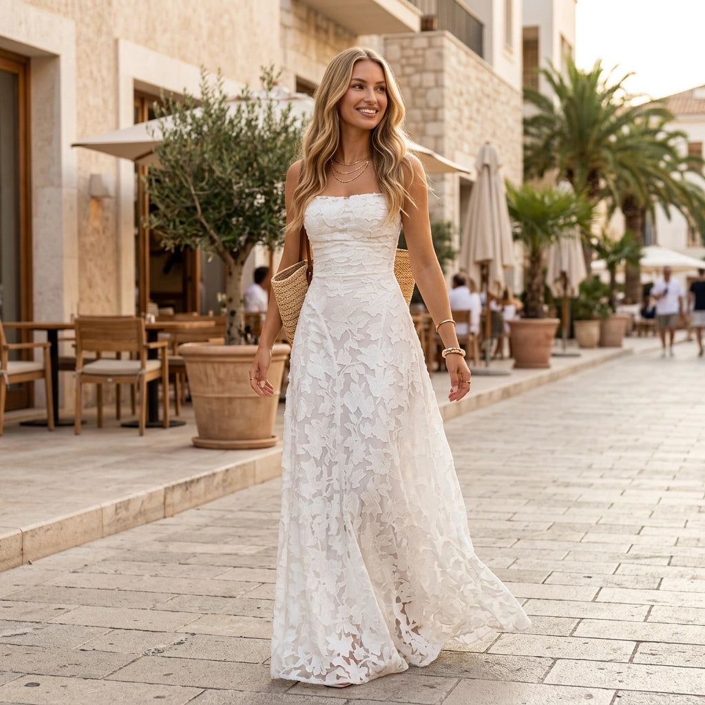 A-Line Maxi Dress with Lace and Spaghetti Straps in White – 3