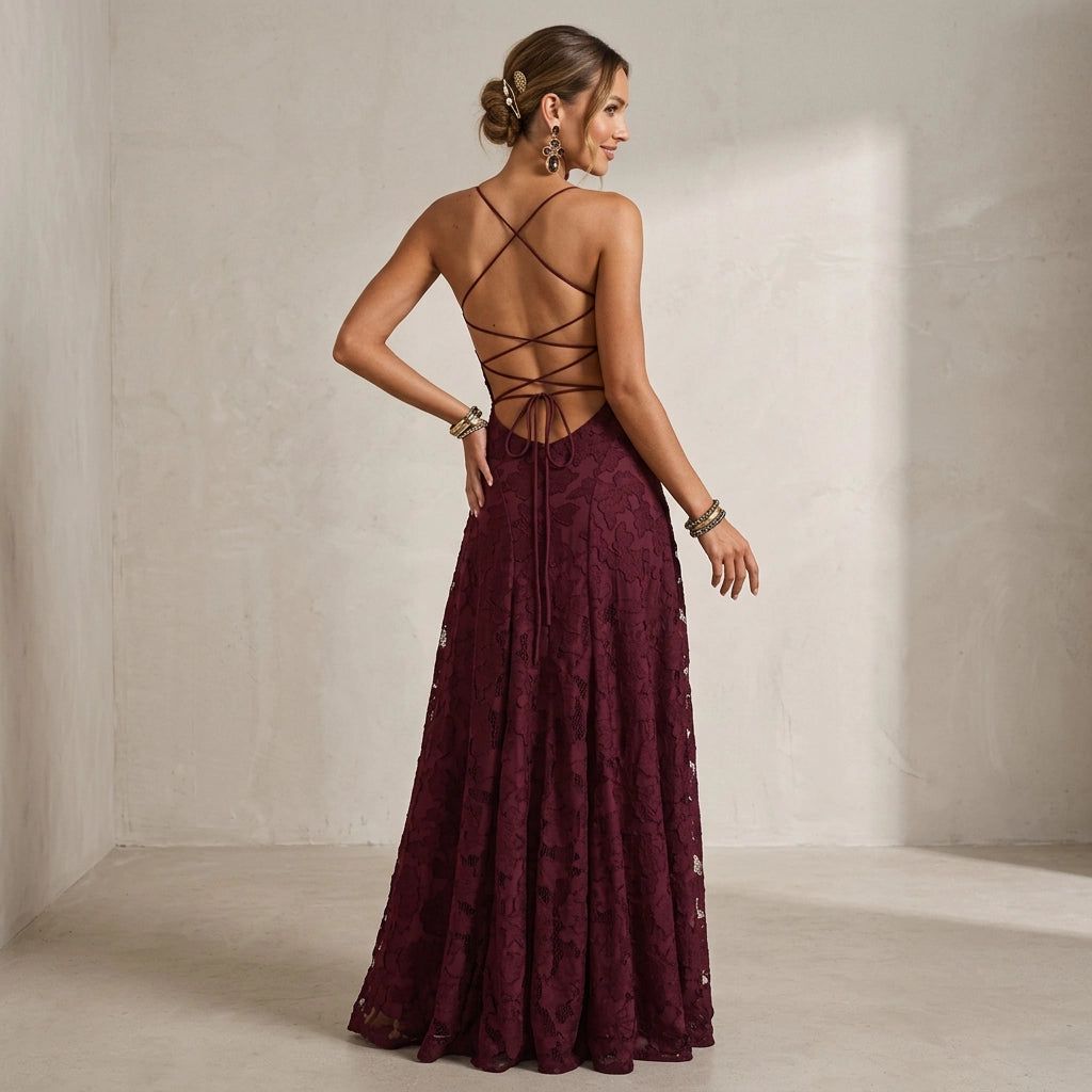 A-Line Maxi Dress with Lace and Spaghetti Straps in Burgundy – 5