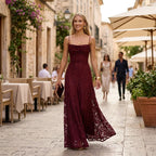 A-Line Maxi Dress with Lace and Spaghetti Straps in Burgundy – 6