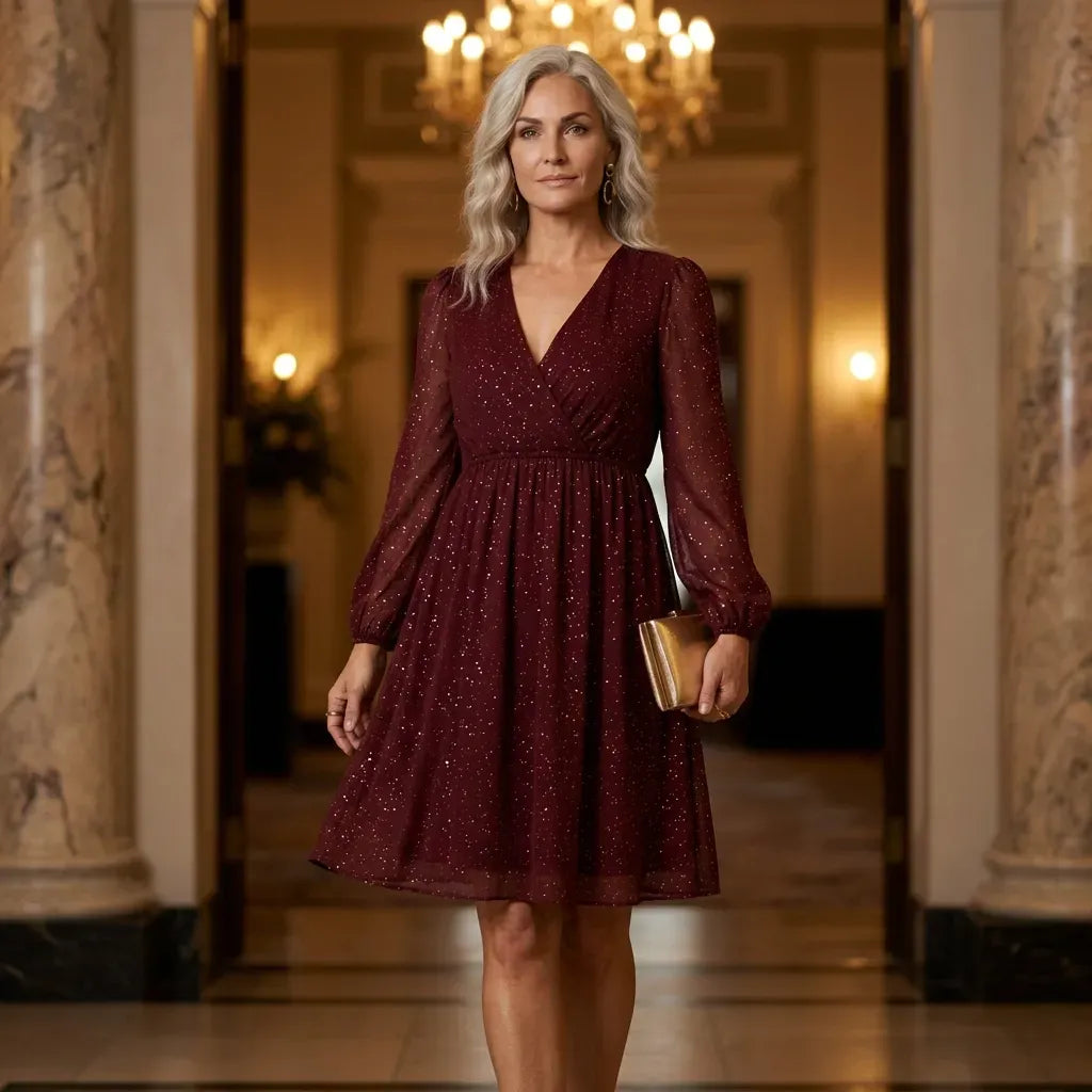 A-Line Mesh Long Sleeve Dress Red 2