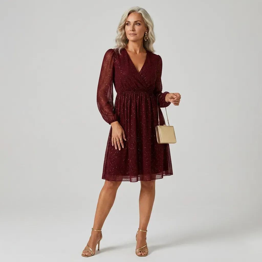 A-Line Mesh Long Sleeve Dress Red 7