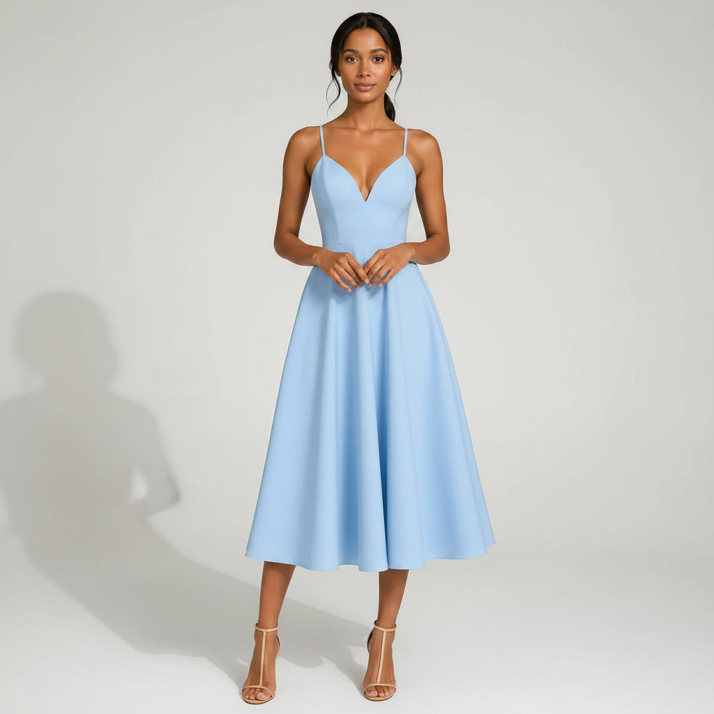 A-Line Midi Wedding Guest Dress Semi-Formal Blue 2