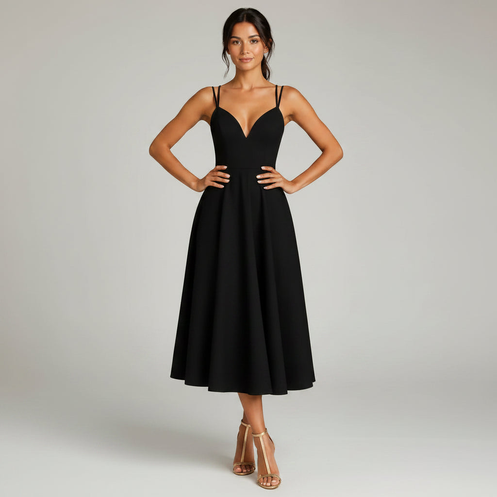 A-Line Midi Wedding Guest Dress Semi-Formal Black 3