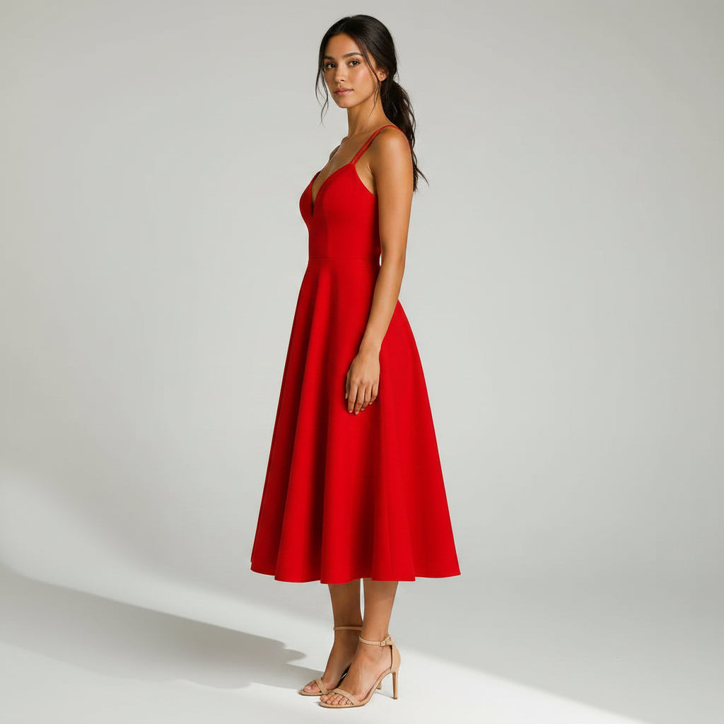 A-Line Midi Wedding Guest Dress Semi-Formal Red 4