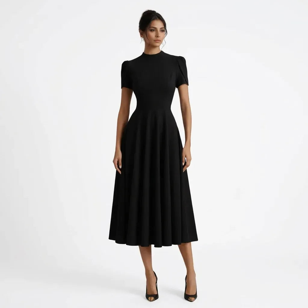 A-Line Midi Wedding Guest Dress with Sleeves Black 1