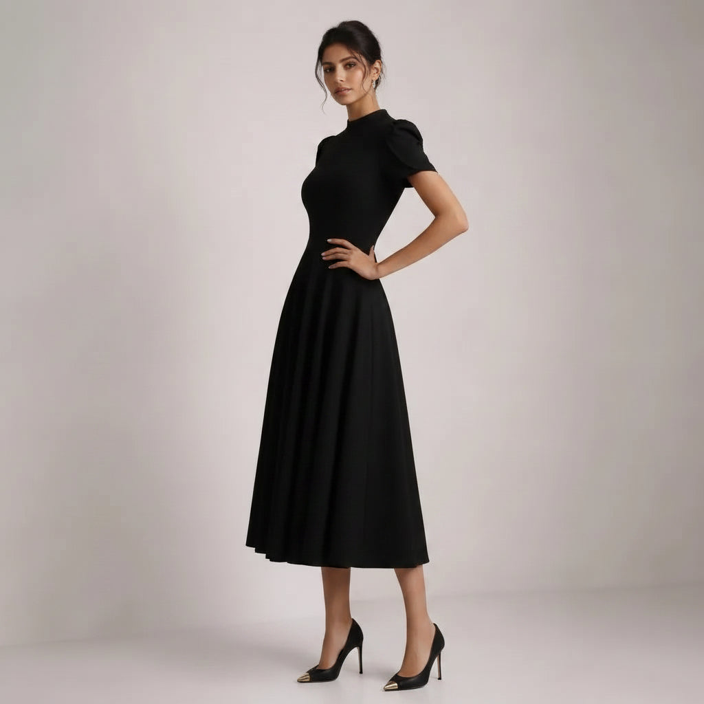 A-Line Midi Wedding Guest Dress with Sleeves Black 2