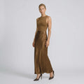 A-Line Satin Maxi Skirt with Flowing Drape Brown 2