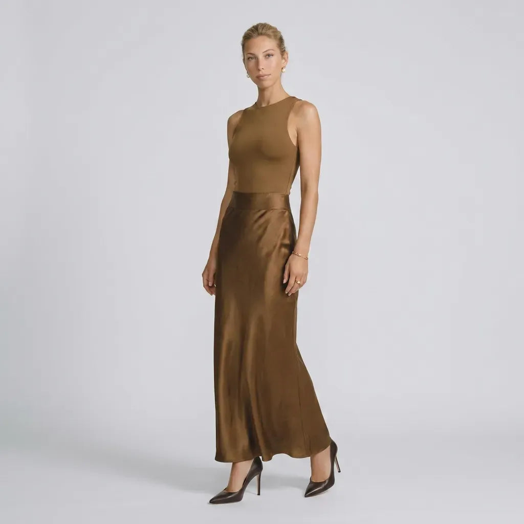 A-Line Satin Maxi Skirt with Flowing Drape Brown 2