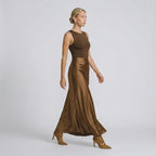 A-Line Satin Maxi Skirt with Flowing Drape Brown 3