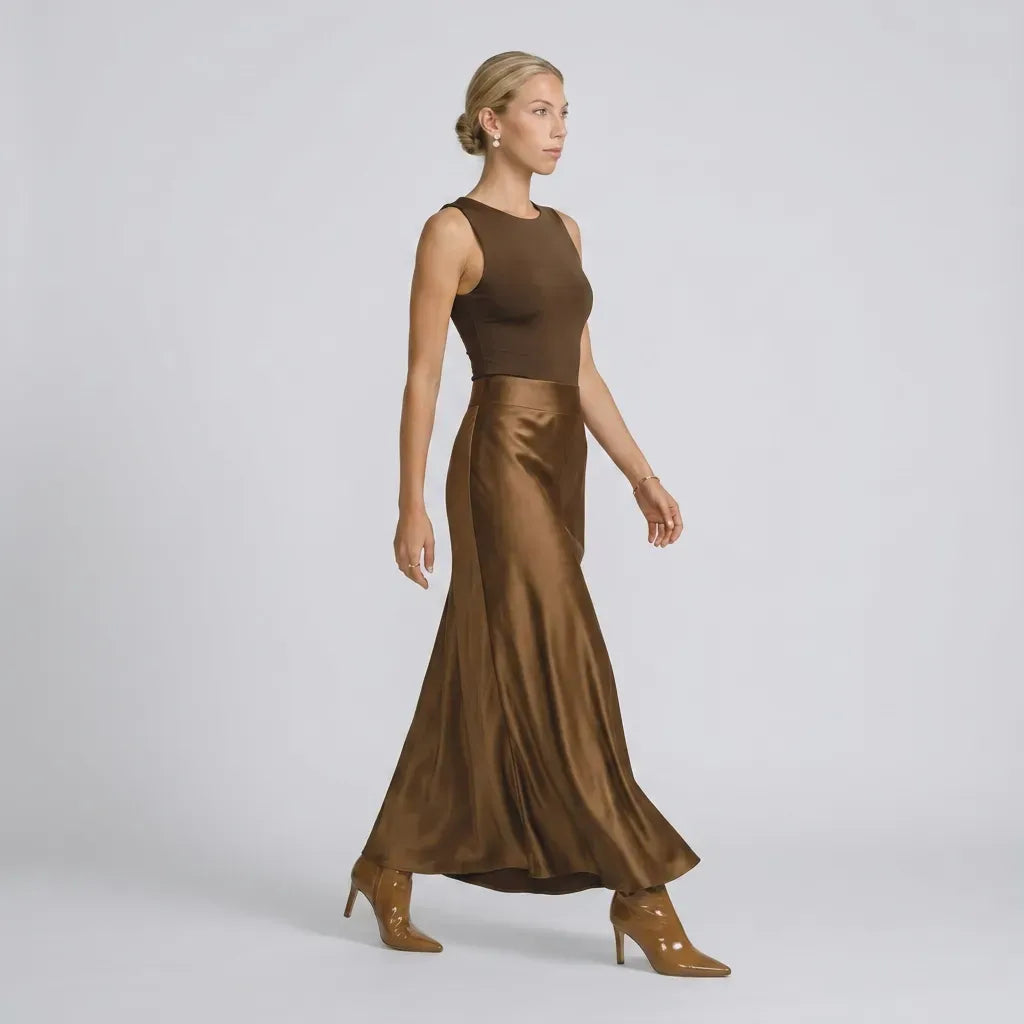 A-Line Satin Maxi Skirt with Flowing Drape Brown 3