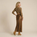 A-Line Satin Maxi Skirt with Flowing Drape Brown 4