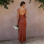 A-Line Satin Wedding Guest Dress with Slit Brown 1