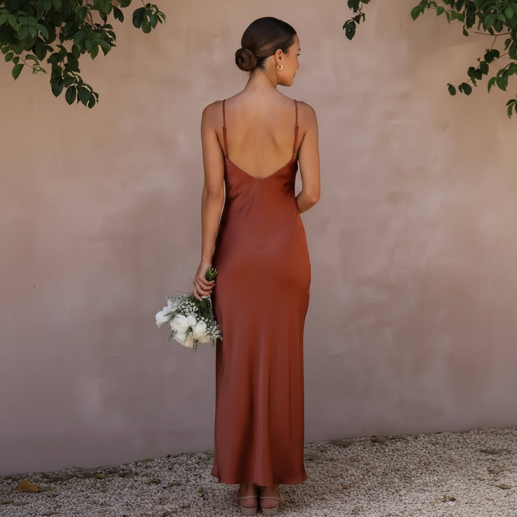 A-Line Satin Wedding Guest Dress with Slit Brown 1