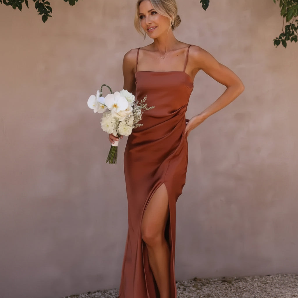A-Line Satin Wedding Guest Dress with Slit Brown 2