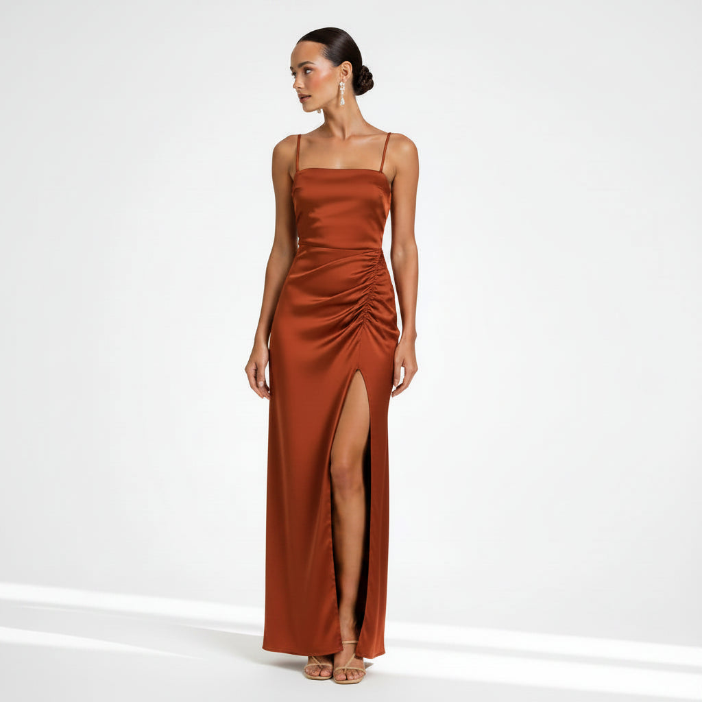 A-Line Satin Wedding Guest Dress with Slit Brown 3