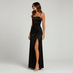 A-Line Satin Wedding Guest Dress with Slit Black 6